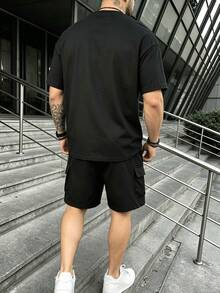 男士純色T恤與休閒工裝短褲兩件套，夏季通勤健身百搭套裝 - 黑色 - 查看 4