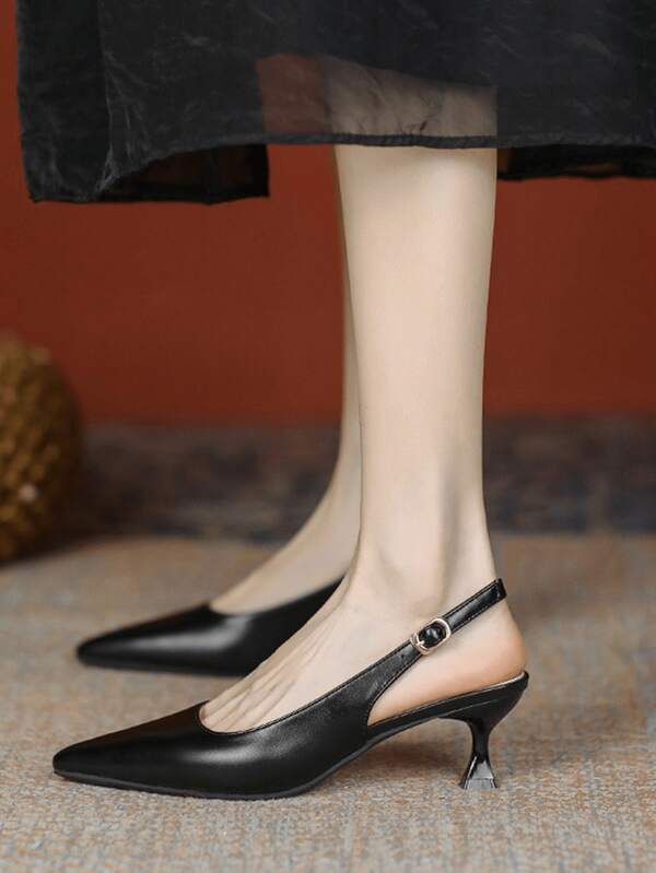 Women's Black Pointed Toe Stiletto Heel Sandals - Elegant Summer Slip-On Pointed Toe Backless Sandals, New French Vamp Design, PU Leather, Sexy Business And Outdoor Street Style, Cooling And Comfortable, Suitable For Travel And Office Wear, Durable Office High Heel Slip-On Sandals