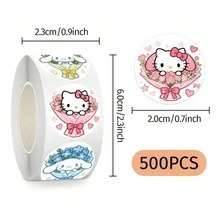 SANRIO 500张/卷 三丽鸥KT猫图案贴纸，可爱卡通圆形封口贴纸，略微防水，易撕，适合母亲节礼物、婚礼季、派对礼品、宾果游戏奖品、返校季、剪贴簿、礼品包装装饰（随机款式） - 彩色 - 查看 6