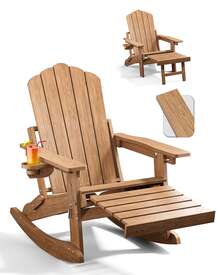 Adirondack Rocking Chairs With Retractable Ottoman & Cup Holders, 6-In-1 Folding HDPE Outdoor Rockers For Patio, Porch, Lawn,Brown - Brown - View 9