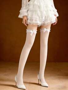 1 đôi tất dài quá đầu gối màu trắng có viền ren và nơ, gợi cảm, dễ thương, ngọt ngào, thích hợp để mặc hàng ngày, phù hợp cho mùa xuân và mùa thu. - Nhiều màu - Xem 10