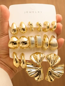 2-16pcs Women's Lava Metal Textured Flowing Minimalist Elegant Earring Set, Suitable For Students, Commuters, Music Festivals, Parties, Beach Vacations - Gold - View 1