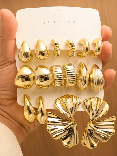 2-16pcs Women's Lava Metal Textured Flowing Minimalist Elegant Earring Set, Suitable For Students, Commuters, Music Festivals, Parties, Beach Vacations