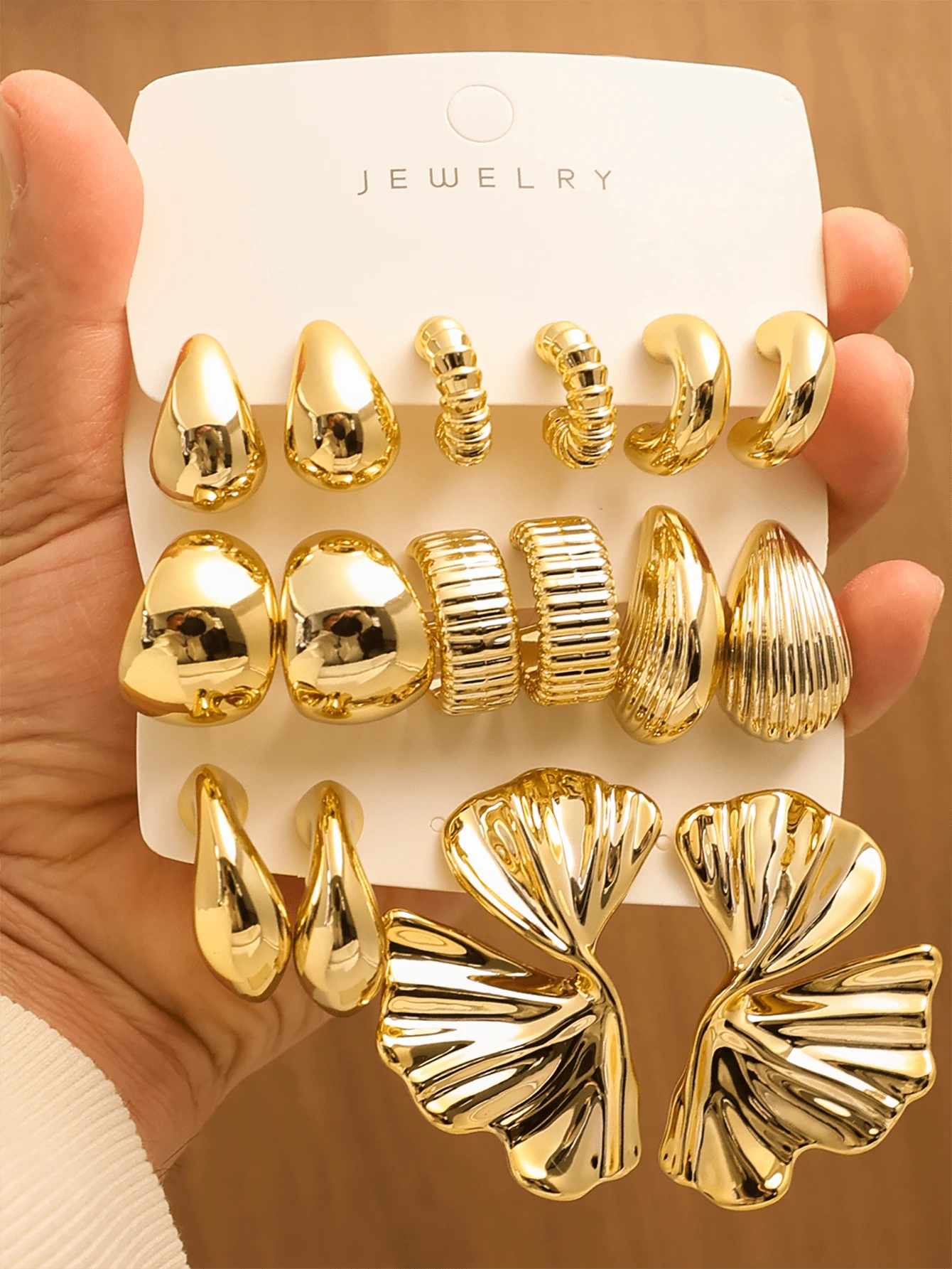 2-16pcs Women's Lava Metal Textured Flowing Minimalist Elegant Earring Set, Suitable For Students, Commuters, Music Festivals, Parties, Beach Vacations - Gold - View 1