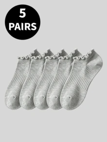 5 Pairs Women's Ruffle Trim Ankle Socks, Ruffled Hem Low Cut Casual Socks, Available In White, Black, Gray And Multi-Color - Multicolor - View 11