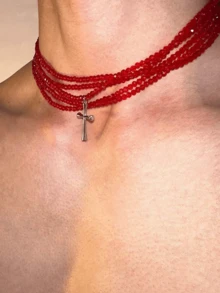 5pcs/Set Sparkling Party Red Beaded Cross Necklace Set (Please Check Size Before Ordering, Necklace Size Is Relatively Small) - Red - View 4
