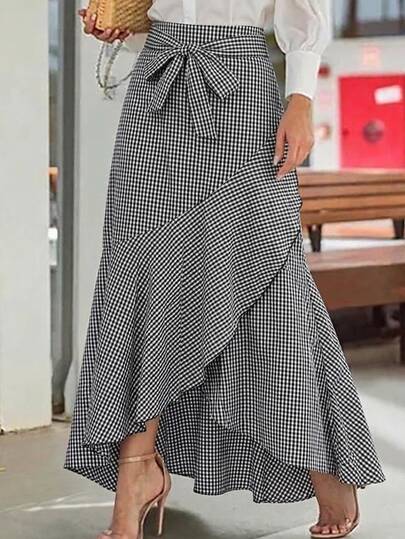 Gonna asimmetrica con volant a quadri, adatta per uso casual e quotidiano, disponibile in taglie comode, per la primavera/estate