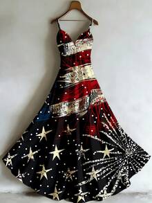 A Stylish Holiday Women's Printed Maxi Dress With Big Hem, Knitted Micro-Elastic Fabric, Machine Washable For Spring And Summer, Great For Celebration, Streetwear And Gifting, Black Base With Star-Spangled Banner Fireworks Pattern - Nhiều màu - Xem 1