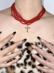 5pcs/Set Sparkling Party Red Beaded Cross Necklace Set (Please Check Size Before Ordering, Necklace Size Is Relatively Small) - Red - View 6
