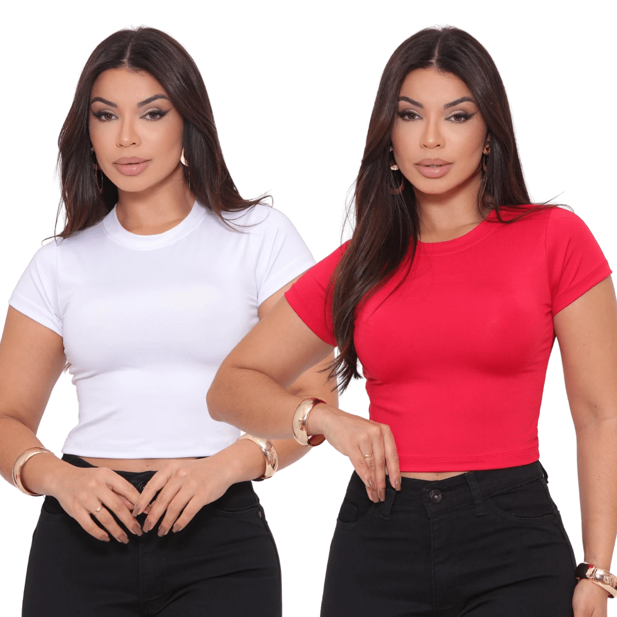 Kit 2 Cropped Basic Suplex Blouse Plain Short Sleeve Various Colors - 1 White 1 Red - View 1