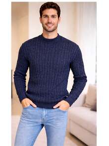 Men's Wool Knit Sweater With Round Neck And Braided Pattern - Autumn/Winter Fashion - Màu xanh hải quân - Xem 3
