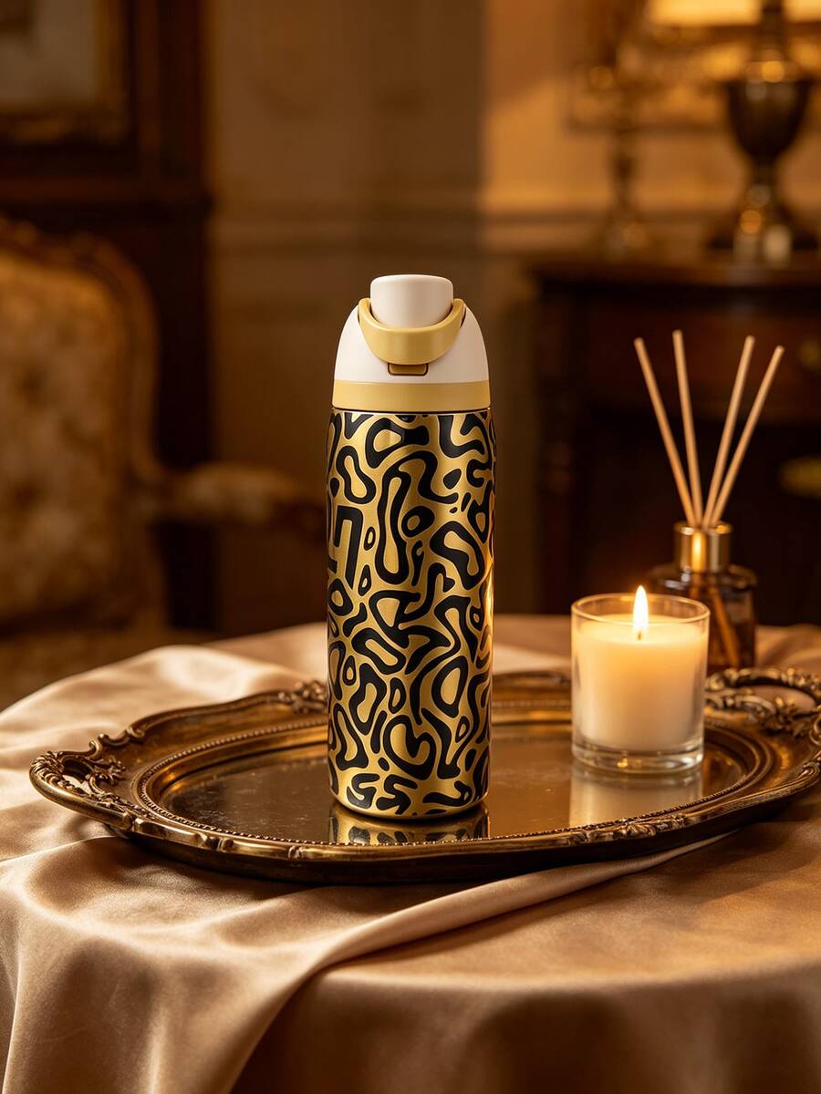 Owa Laa Golden Leopard Print Large Capacity Stainless Steel Water Bottle, 32oz/945ml With Straw, Exquisite Look, Double Wall Insulated For Hot&Cold Drinks/Iced Water, For Leisure Work Sports Indoor Outdoor, Ideal For Students Office Workers, Perfect Gift Choice - 金色 - 查看 1