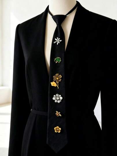 1 قطعة ربطة عنق بتصميم أزهار وخلية نحل عتيقة باللون الأسود، ديكور ربطة عنق بأسلوب كلية Y2K مزين بالأزهار والبرسيم، إكسسوار جميل وأنيق مناسب للارتداء اليومي والحفلات