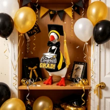 Desktop Goose Graduation Outfit 4-Piece Miniature Gown And Cap Set 7 Inch Goose Costume With Bowtie And Hanging Sign - Black - View 3