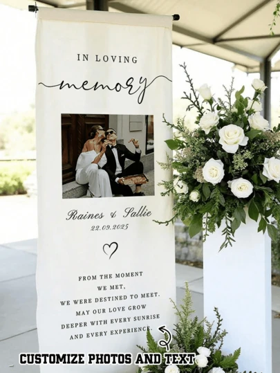 1pc Customizable Picture & Text Wedding Banner, Romantic Pull Flag, Wedding Party Scene Decoration Background