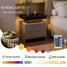 Night Stand Set 2 LED Bedside Table With Wood 2 Drawers Modern End Side Table For Bedroom - Black and Gray - View 6