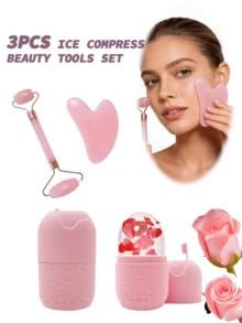 三合一冰滚轮面部护肤套装 - 面部冰滚轮和刮痧板套装，护肤按摩美容套装，硅胶冰滚轮，玫瑰石英滚轮按摩器。配备滚轮按摩器和刮痧板，可缓解面部和眼部浮肿，进行面部按摩。 - 玫紅色 - 查看 13