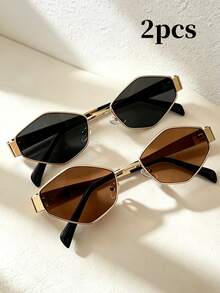 2pcs Summer New Fashion Glasses, Y2K Retro Bohemian Metal Oval Glasses, High-End Street Style Decorative Glasses, Ideal For Daily, Vacation, Beach, Party, Student Gift - Rhombus Combination - View 2