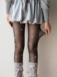 1 Pair Silver Rhinestone Heart & Star Pattern Tights, With 3D Sequin Decor, Semi-Sheer Material, Suitable For Y2K, Lolita Style, Party Or Photo Shoot - Multicolor - View 11