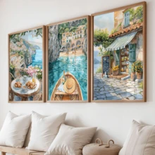 3pcs/Set Mediterranean Coast Lemon Shop Poster, Amalfi Market Print, Pastoral Kitchen Wall Art Poster, Summer Street Scene. - A - View 14