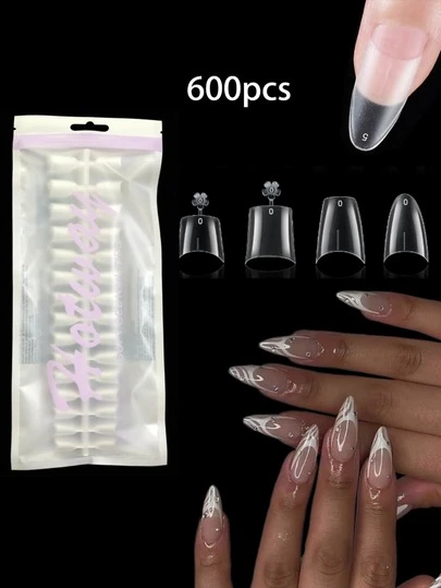HOTWAY 600 Pieces Of Semi Stick, Scratch Free Oval Coffin Shaped Fake Nail Tips, Suitable For Home DIY Nail Art And Nail Salon Use Or As Gifts - A Must-Have For Women's Nail Art