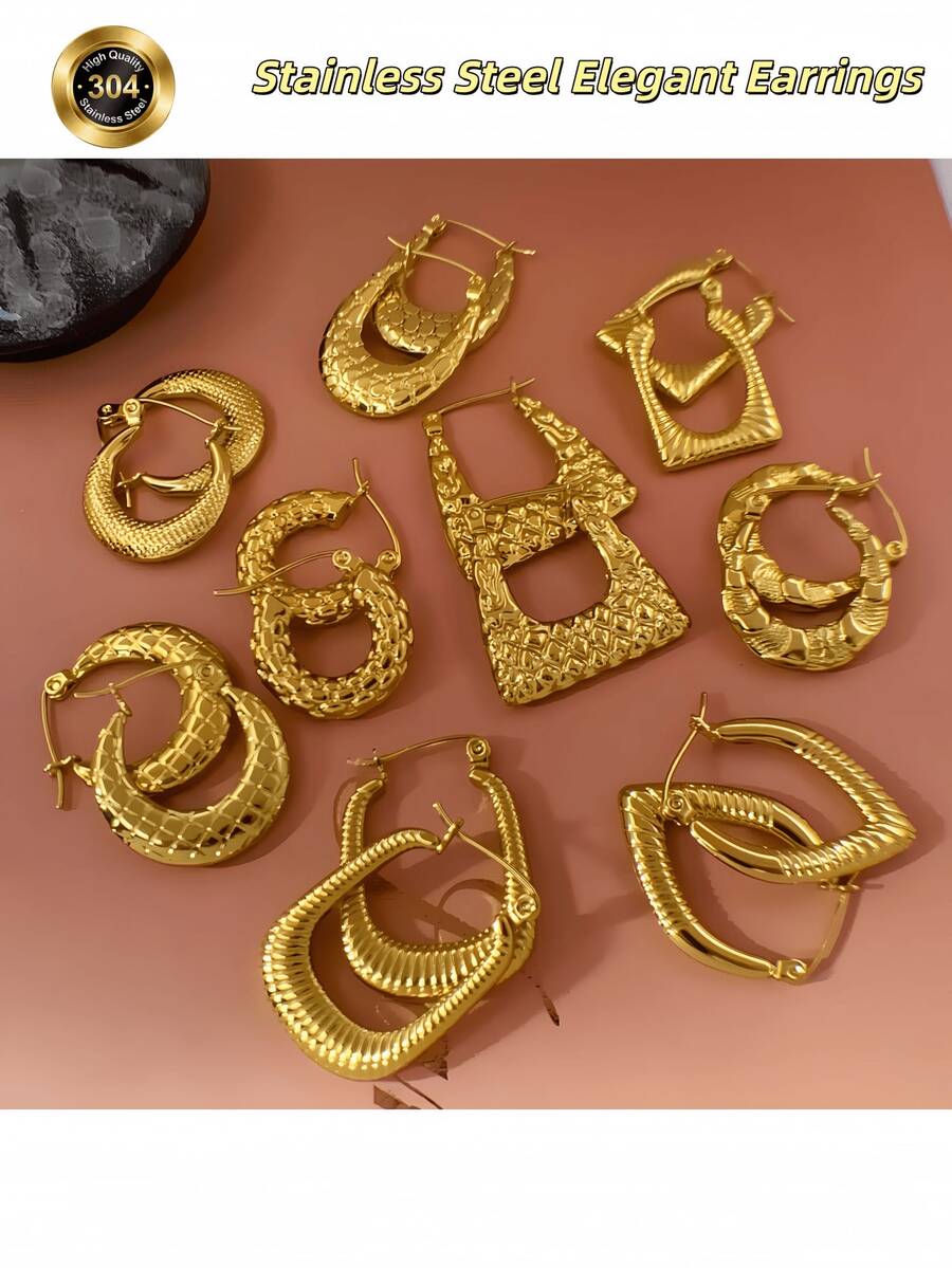 9 pares de pendientes de acero inoxidable para mujer, juego de pendientes de diferentes formas grandes, pendientes grandes de aro de plata y oro, estilo hip hop, joyas personalizadas, accesorios para fiestas, pendientes, pendientes de oro de 14k, pendientes elegantes, pendientes de acero inoxidable, pendientes para mujer - Nuevo - Ver 1
