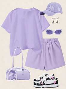Tween Girls  Summer Sets White Bow Tie Pattern Print Short Sleeve Top And Skirt Set Summer Clothes For Tweens Girl - Mauve Purple - View 2