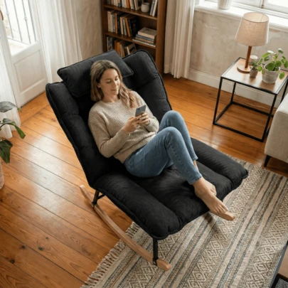  Fabulcozy Kordstoff-Fauteuil Schaukelstuhl mit Kissen, Abnehmbares Kissen, Massivholz-Schaukelgestell, Einzelsessel, Nordischer Stil Liegestuhl für Wohnzimmer, Balkon, Schlafzimmer