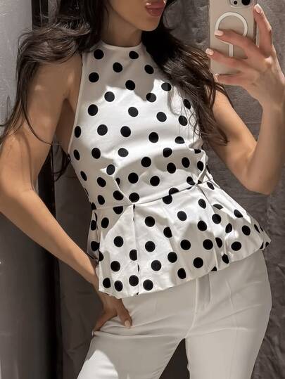 GDDYIN 女士夏季新款性感露背波点灯笼领度假风上衣 白色