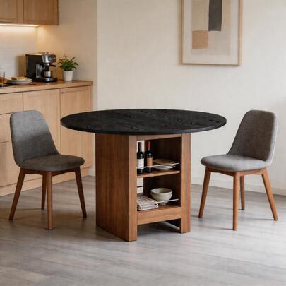Modern Round Dining Table With Storage Shelf, Metal Frame And Walnut Veneer, 100 Cm Diameter, For 2 To 4 People, Ideal For The Kitchen, Dining Room And Small Spaces.