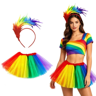 Bộ trang phục chủ đề Tháng Tự hào (Pride Month) gồm 2 món, màu cầu vồng, bao gồm váy và mũ đội đầu, phù hợp cho các bữa tiệc chủ đề Tháng Tự hào, cosplay, Lễ Phục sinh, Ngày Valentine và các buổi tụ họp.