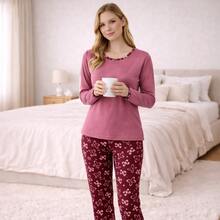 Pijama Feminino Suede Estampado Longo Calça e Blusa Conforto Premium - rosa cereja - Visão 3