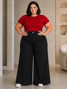 Women's Plus Size Elegant Wide Leg Trousers, Flared Dress Pants, High Waist With Pockets, Sizes G1, G2, G3 - 黑色 - 查看 4