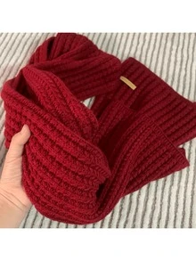 1PC Ladies' Solid Color Thick Knitted Wool Scarf, Winter Warm Neck Wrap For Daily Wear - Đỏ - Xem 2