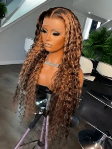 32inch Highlight Ombre Lace Front Wig Human Hair 13x4 Hd Honey Blonde 4/27 Deep Wave Lace Front Wigs Human Hair 250% Density Glueless Wigs Human Hair Pre Plucked - S4/27 - 查看 3