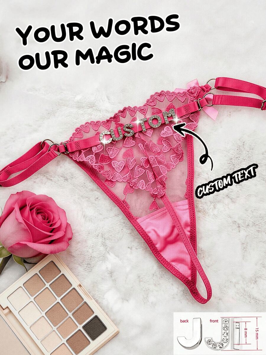 1pc Customized Metal Letter, Customized Name, Embroidered Sexy Lace Low-Waist Adjustable Panty, Sheer Sexy Thong - Pink - View 1