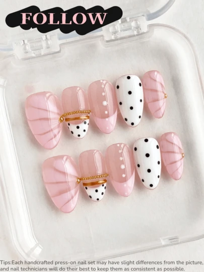 10pcs Handmade Press On Nails Short Almond Nails Gentle Sweet Cute Nails Pink Nails White Nails Polka Dot Nails French Tip Powder Nail Gems Glossy Finish Design For Women Girls Daily Party Office Reusable Nail Set With Nail Tools Fake Nails