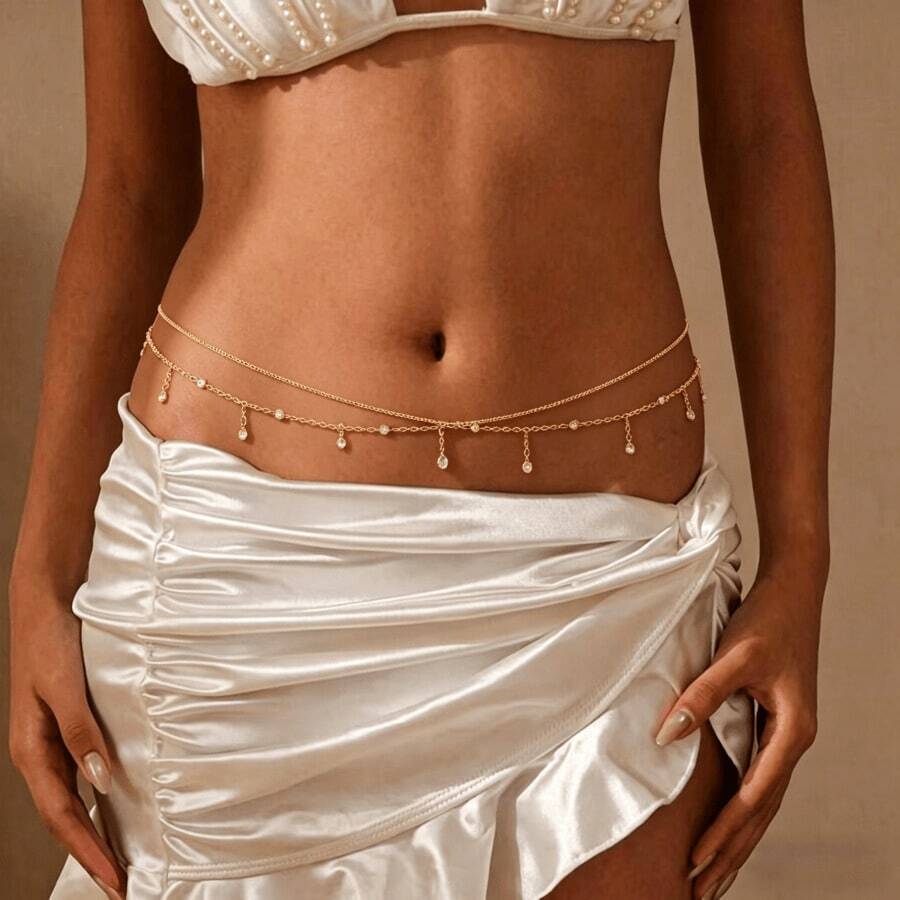 Ayer 性感比基尼套装，配有流苏、腰链和肚脐饰品，适合夏季海滩、度假、派对等场合，女士适用。 - 金色 - 查看 1