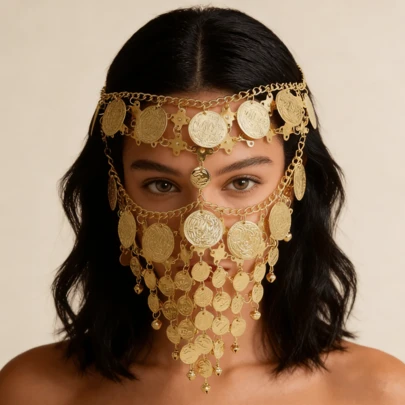 Dây chuyền mặt đồng xu nhiều lớp phong cách Bohemian, mặt nạ chạm khắc tua rua, phụ kiện chụp ảnh du lịch cổ điển độc đáo, phụ kiện cưới cô dâu.