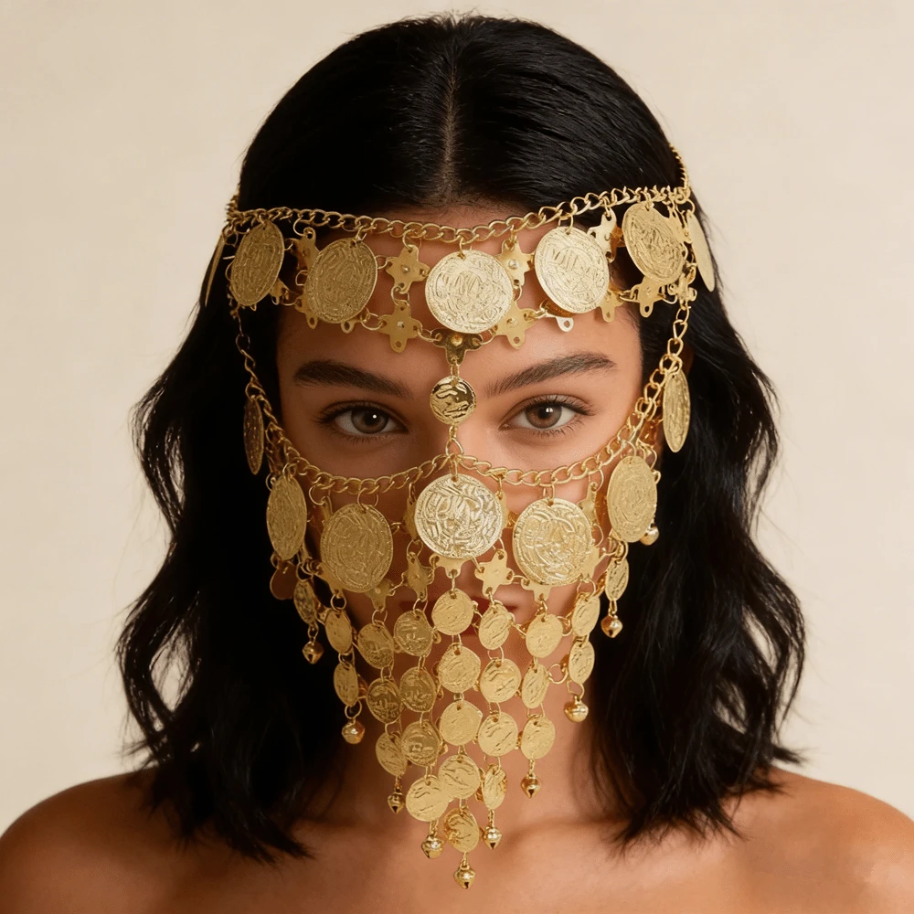 Dây chuyền mặt đồng xu nhiều lớp phong cách Bohemian, mặt nạ chạm khắc tua rua, phụ kiện chụp ảnh du lịch cổ điển độc đáo, phụ kiện cưới cô dâu. - Vàng - Xem 1