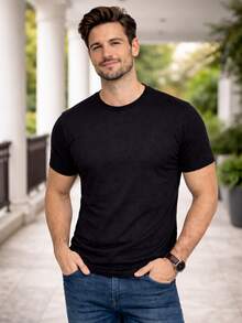 Men's Basic Plain T-Shirt Streetwear Style Short Sleeve Round Neck 100% Premium Cotton Mesh - Black - View 2