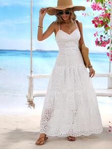 Plus Size Women's Simple Spaghetti Strap Fitted Long Dress, Casual Vacation Style Summer Women Clothes  Curve Plus   Vacation Women Clothes    Curve - 白色 - 查看 5