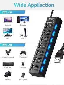 2PCS/1PC Set 4-Port & 7-Port USB 2.0 Hub With Independent Switches - Multi-Port Splitter Adapter, Compatible With Laptops, PCs, MacBooks, Phones OTG And USB Peripherals - 查看 3