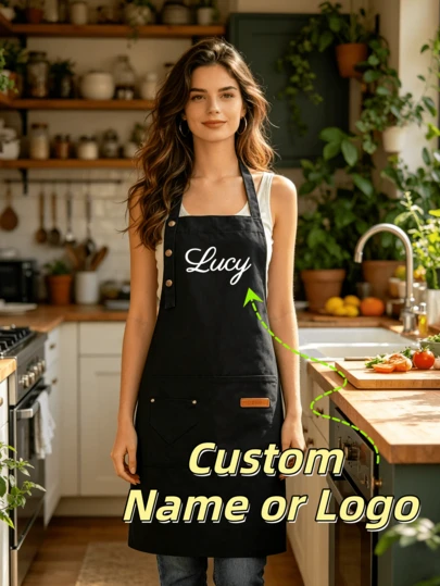 1pc Customizable Unisex Polyester Apron, Adjustable Strap, Large Pocket Design, Suitable For Kitchen, Restaurant, Salon