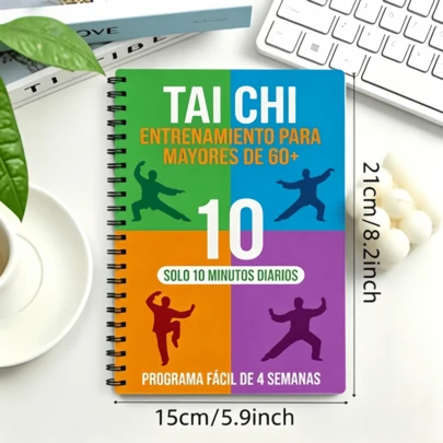 西班牙语版太极拳训练螺旋笔记本，专为60岁以上老年人设计，每日10分钟家庭锻炼记录，4周简易平衡与防跌倒计划