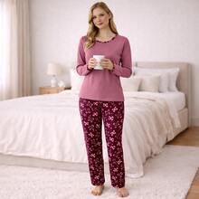 Pijama Feminino Suede Estampado Longo Calça e Blusa Conforto Premium - rosa cereja - Visão 2