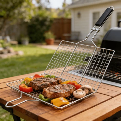 1/2 paquets Panier de barbecue pliable en acier inoxydable, panier de cuisson portable avec poignée amovible, pour barbecue, cuisson et camping en plein air, gain de place