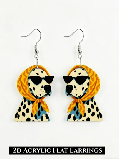 2D手绘斑点狗佩戴时尚眼镜和头巾吊坠耳环，时尚饰品，平面亚克力印刷材质，适合日常佩戴和派对场合，精美礼品