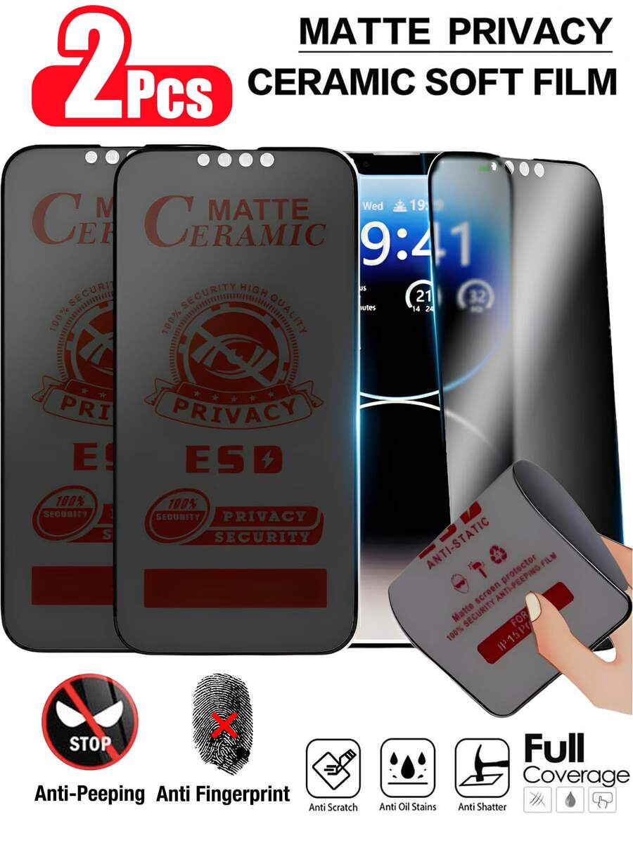 Yezodawee Shockproof New Model Phone Screen Protector 2pcs Matte Ceramic Privacy Screen Protector Film, Compatible With IPhone 17 Pro Max [6.9 Inch], Anti-Peeping Privacy Accessory, Anti-Glare Anti-Fingerprint Film, Compatible With Phone Case, Easy Installation Without Bubbles, Smooth Fit, Compatible With IPhone 17 Pro Max/17 Pro/17 Air/16/15/14 Plus/13 Mini/12/11 Series Mother's Day Gift - Black - View 1