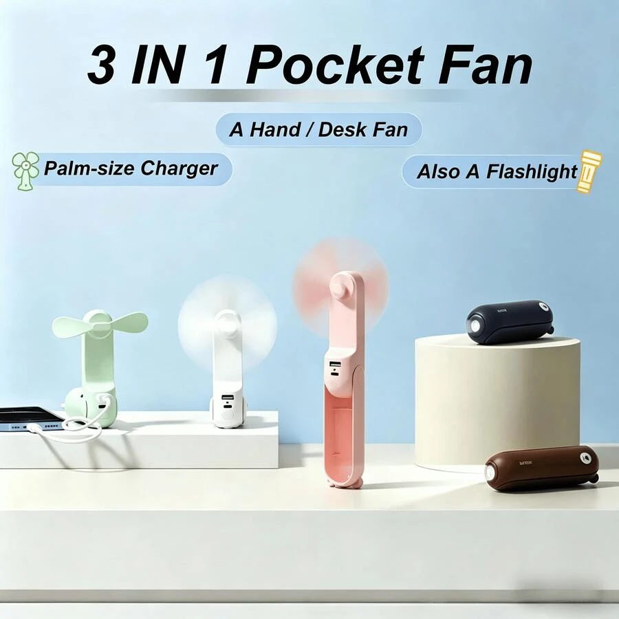 JISULIFE Handheld Mini Fan, 3-In-1 USB Rechargeable Portable Fan [12-19 Hours Battery Life] With Power Bank & Flashlight, Pocket Design For Travel/Summer/Concert/Eyelashes, Gift For Women - Multicolor - View 1